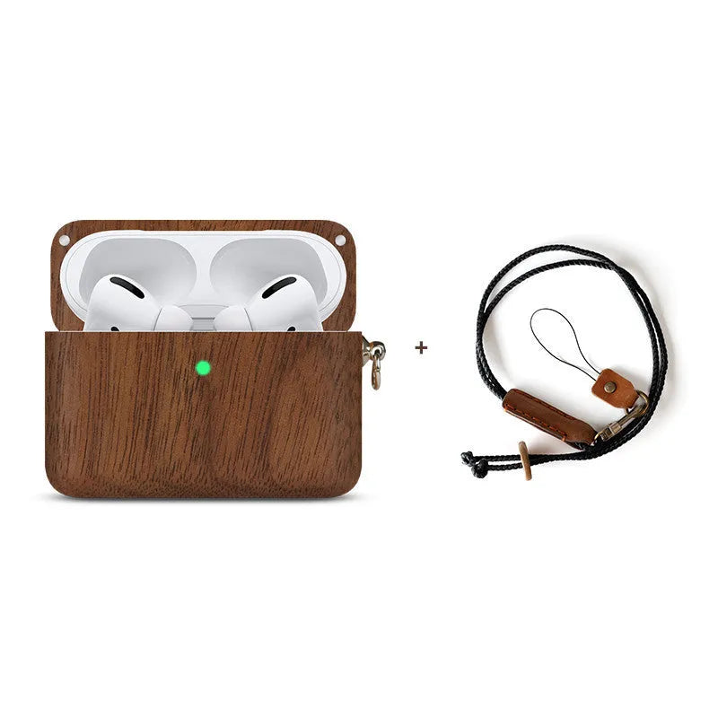 LZL solid wood earphone sleeve with braided lanyard, shown in walnut finish next to wireless earphones.