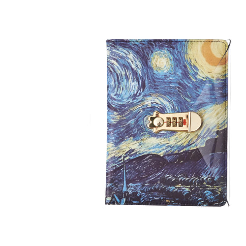 A5 lockable diary notebook with combination lock in imitation leather cover, open to show ivory paper pages.