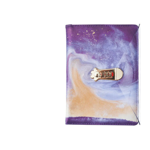A5 lockable diary notebook with combination lock in imitation leather cover, open to show ivory paper pages.