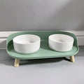 Ceramic cat double bowl in gray-green with raised design for cervical protection, new bone china construction