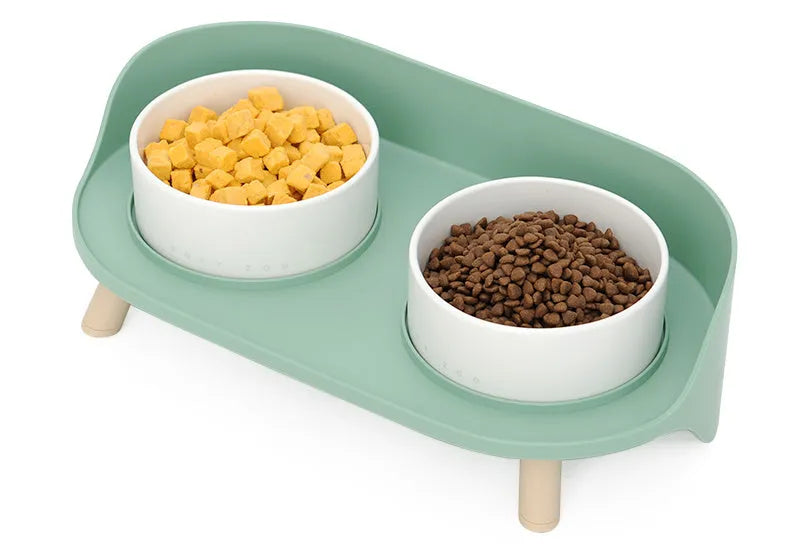 Ceramic cat double bowl in gray-green with raised design for cervical protection, new bone china construction