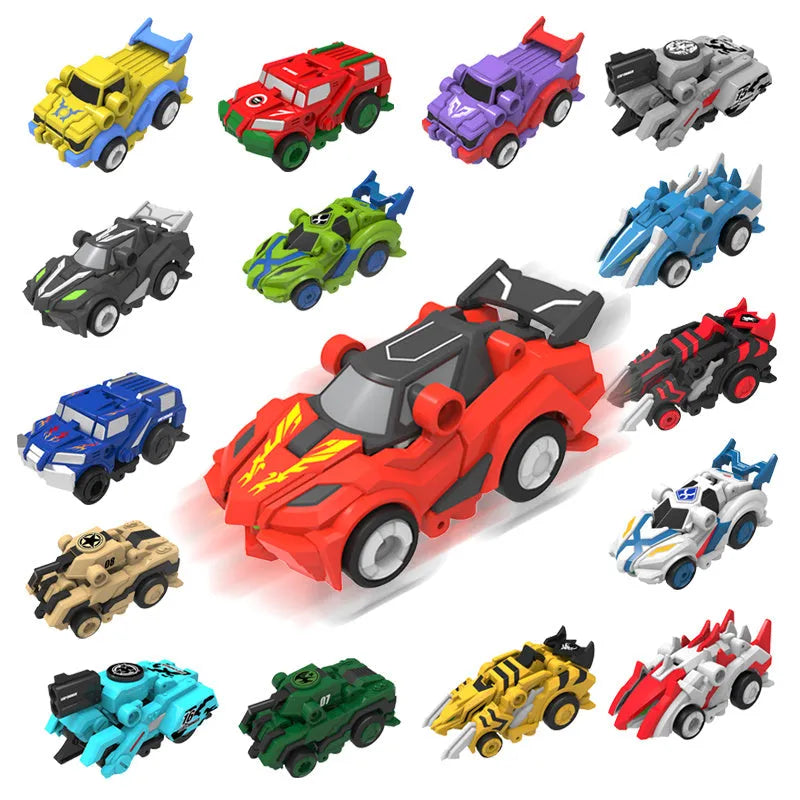 Creative Jumping Warrior deformation battle toy car with bounce transformation robot and two protagonist figures in ABS plastic