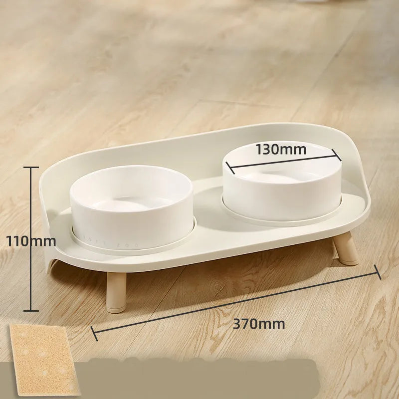 Ceramic cat double bowl in gray-green with raised design for cervical protection, new bone china construction