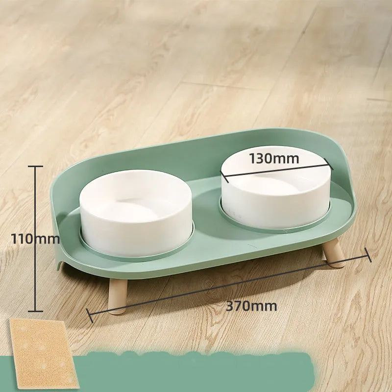 Ceramic cat double bowl in gray-green with raised design for cervical protection, new bone china construction