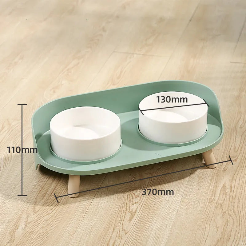 Ceramic cat double bowl in gray-green with raised design for cervical protection, new bone china construction