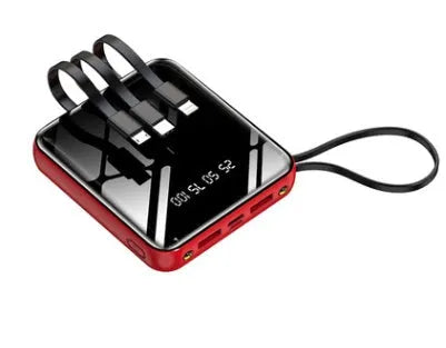 Four-cable digital display power bank showing battery percentage with LED flashlight