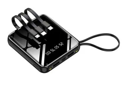 Power bank with digital display showing battery percentage and four built-in charging cables