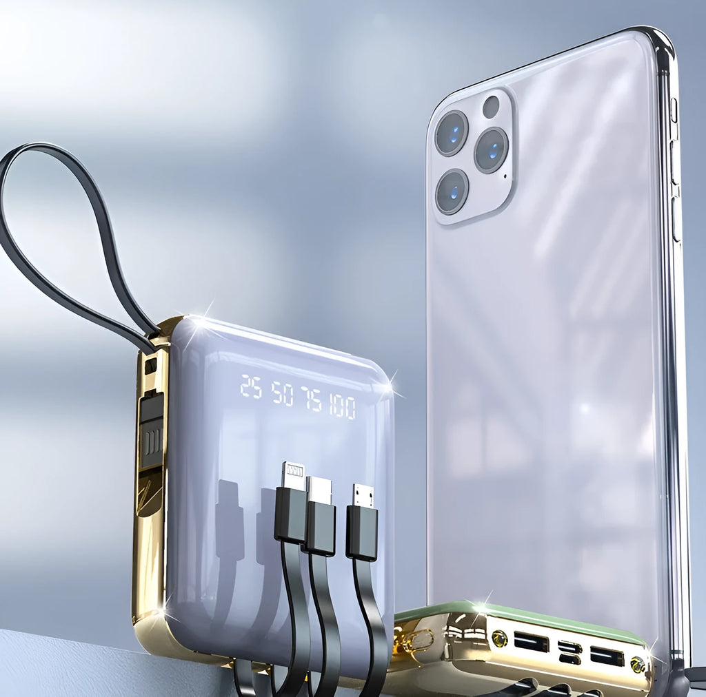Four-cable digital display power bank showing battery percentage with LED flashlight