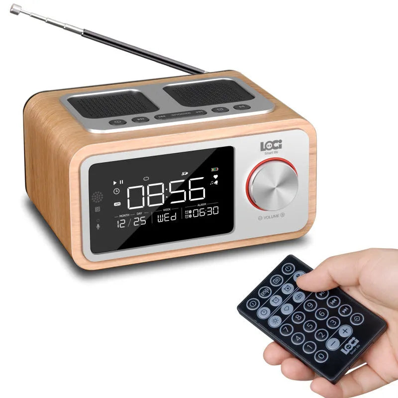 Wooden Bluetooth speaker alarm clock radio in golden oil or wood colour, compact 160x130x92mm size