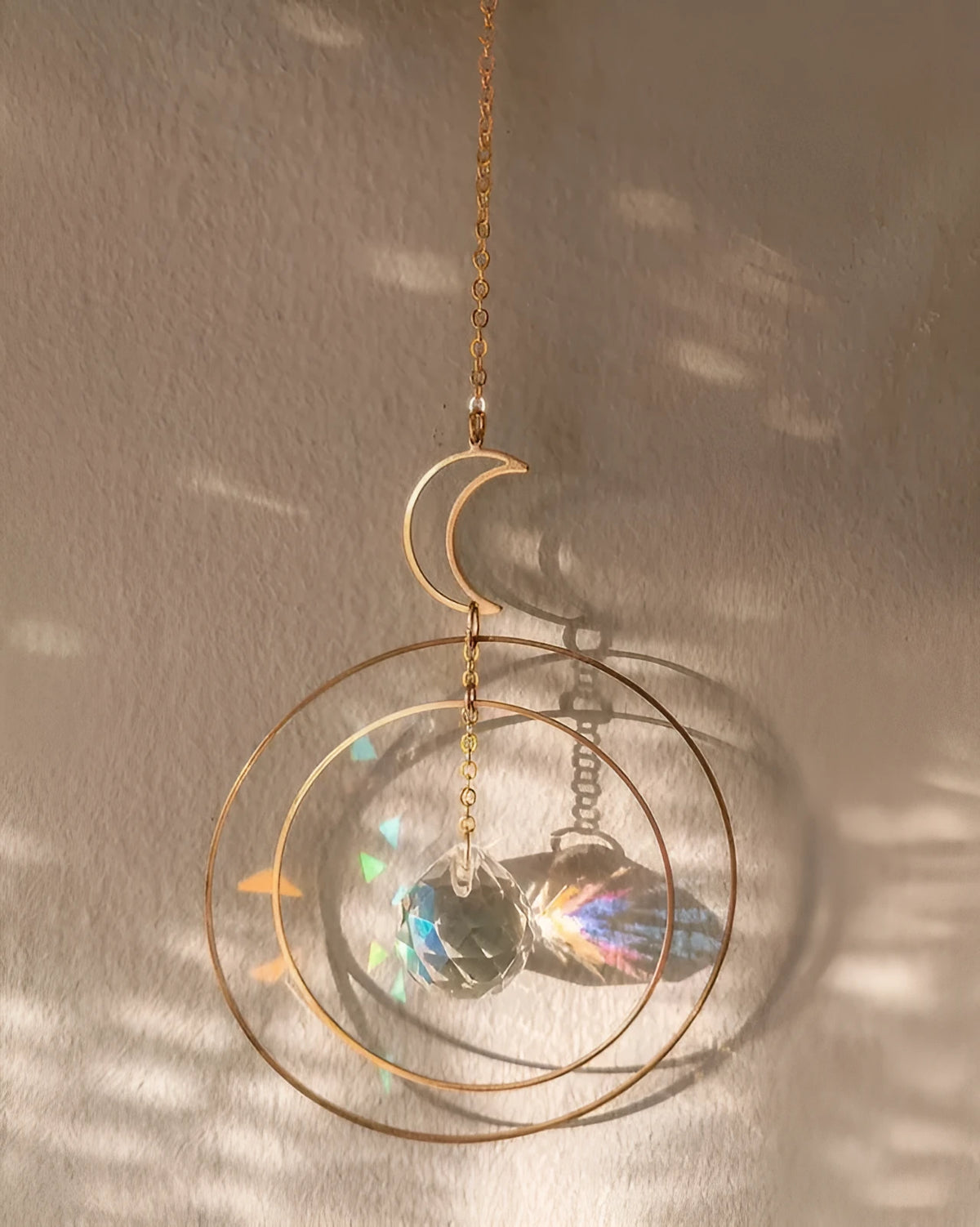 23cm crystal rearview mirror decoration with moon, hoop and rainbow shapes and colourful beads