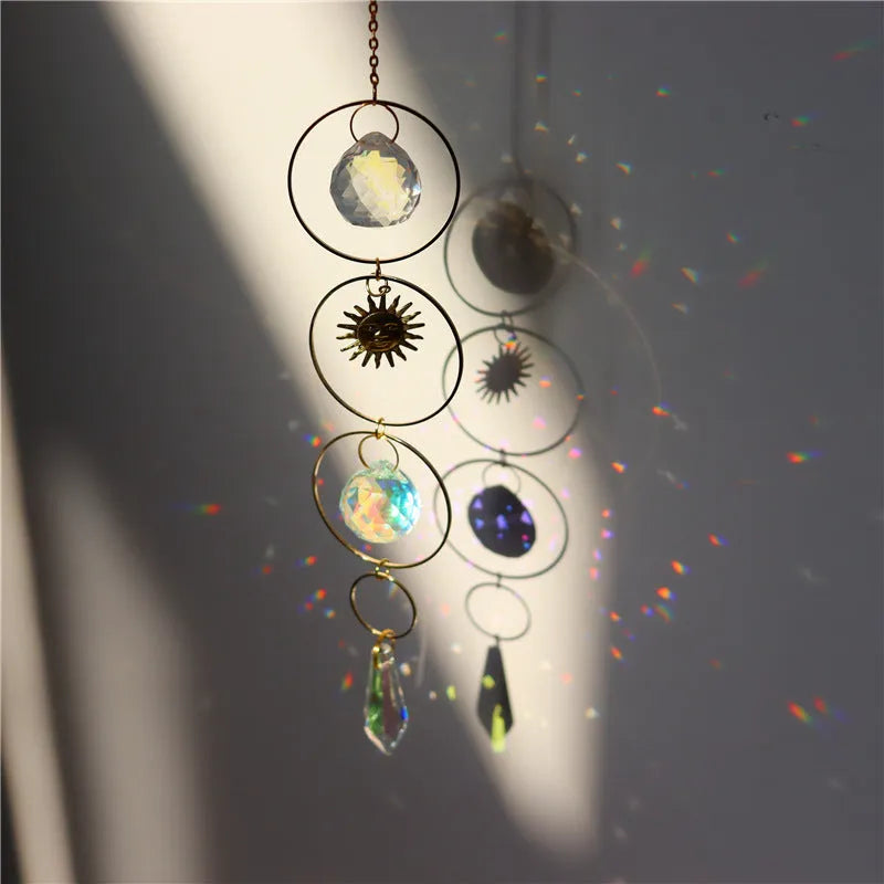 23cm crystal rearview mirror decoration with moon, hoop and rainbow shapes and colourful beads