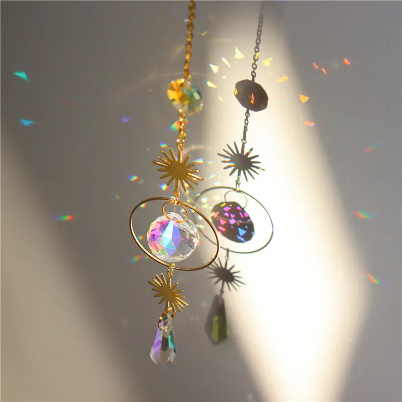 23cm crystal rearview mirror decoration with moon, hoop and rainbow shapes and colourful beads
