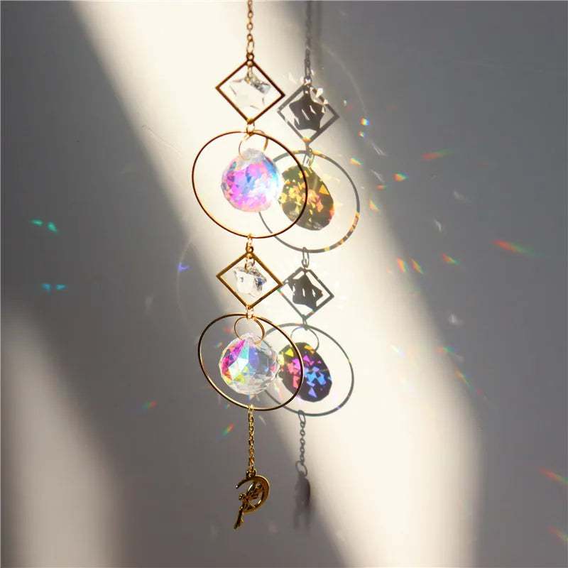23cm crystal rearview mirror decoration with moon, hoop and rainbow shapes and colourful beads