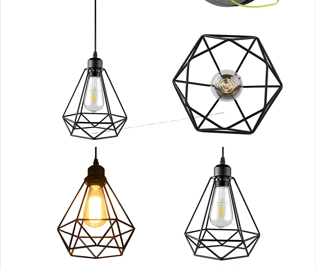 Black Nordic retro hanging chandelier with adjustable height, showing iron construction and geometric design.