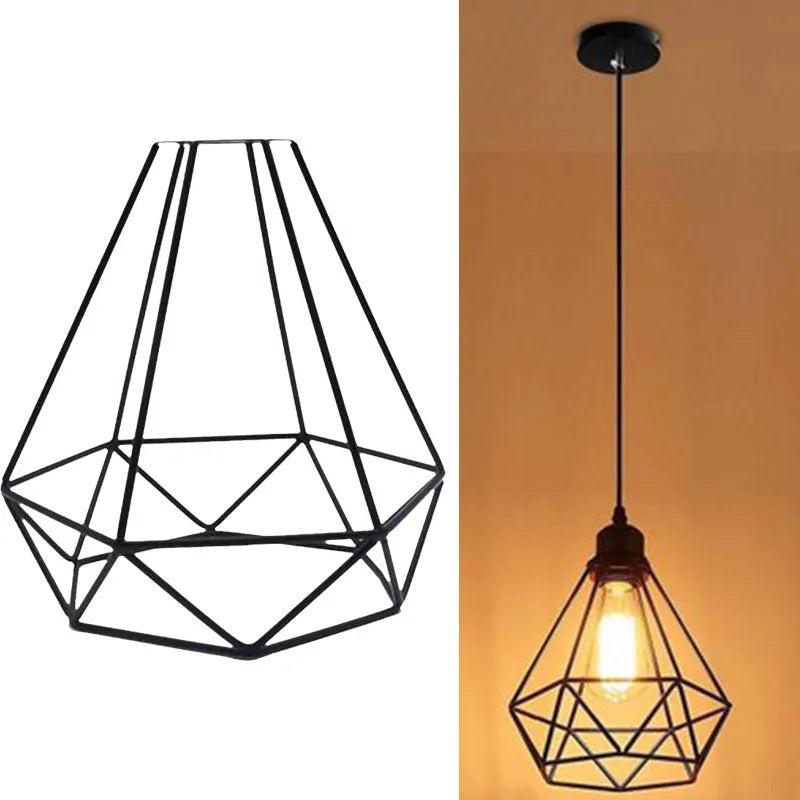 Black Nordic retro hanging chandelier with adjustable height, showing iron construction and geometric design.