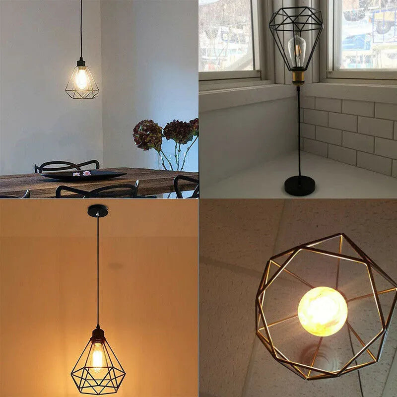 Black Nordic retro hanging chandelier with adjustable height, showing iron construction and geometric design.