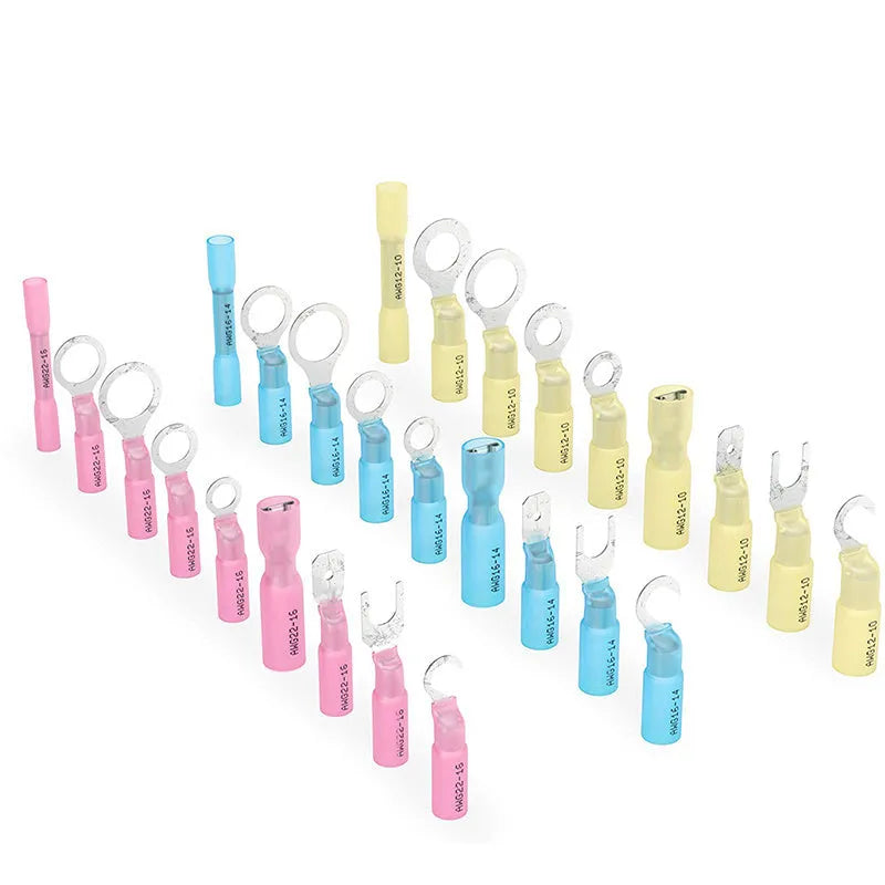 540-piece heat shrink wire connector kit with ring, fork, hook, and spade terminals, brass tin plated contacts, and flame retardant insulation