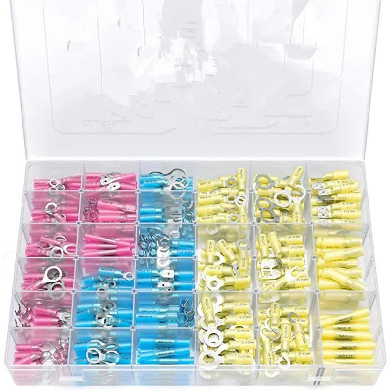 540-piece heat shrink wire connector kit with ring, fork, hook, and spade terminals, brass tin plated contacts, and flame retardant insulation