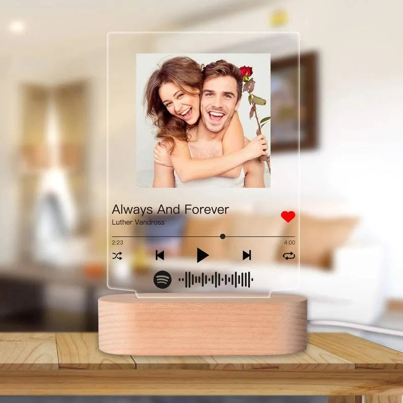 Personalised acrylic night light with photo, song title, and 22x15x0.5cm panel, warm or white base option