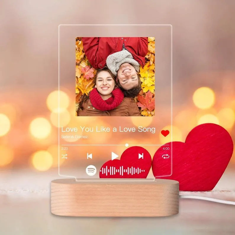 Personalised acrylic night light with photo, song title, and 22x15x0.5cm panel, warm or white base option