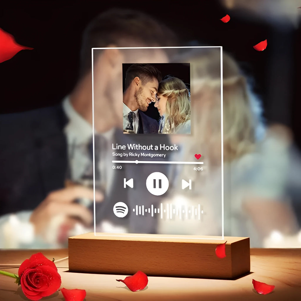 Personalised acrylic night light with photo, song title, and 22x15x0.5cm panel, warm or white base option