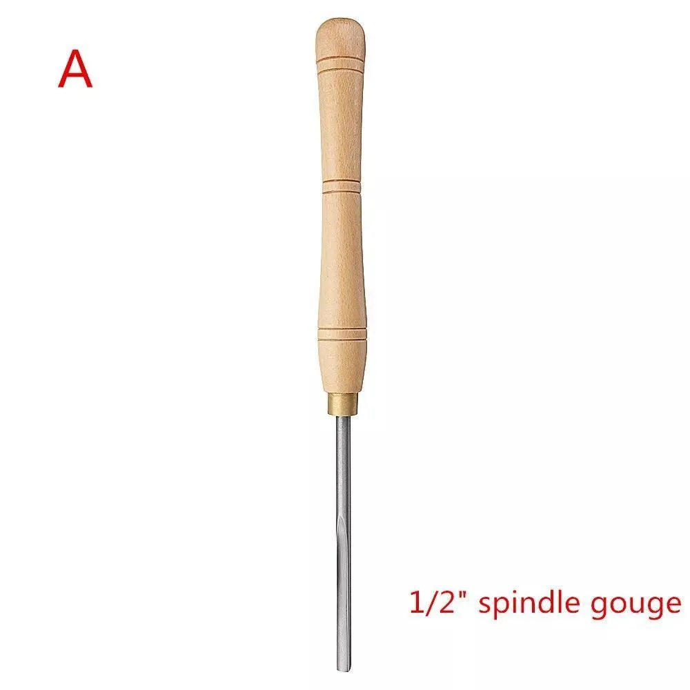 8-piece wooden box-mounted woodturning tool set with chrome vanadium steel blades for lathe work.