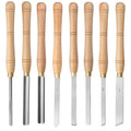 8-piece wooden box-mounted woodturning tool set with chrome vanadium steel blades for lathe work.