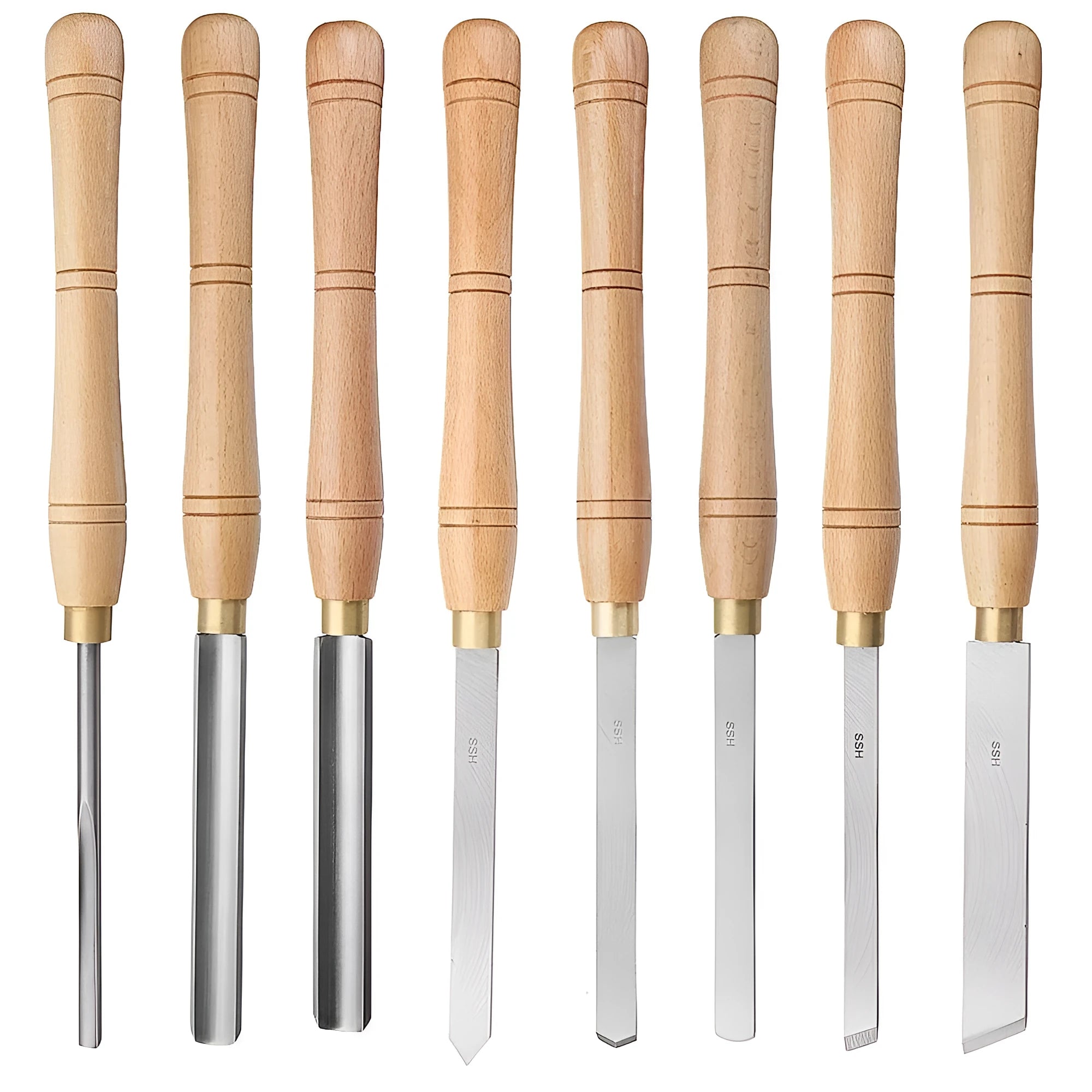 8-piece wooden box-mounted woodturning tool set with chrome vanadium steel blades for lathe work.