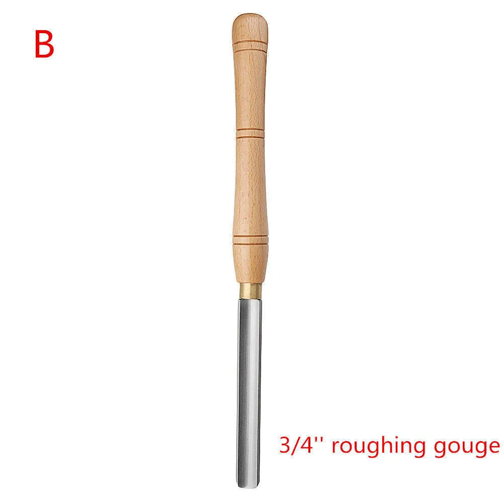8-piece wooden box-mounted woodturning tool set with chrome vanadium steel blades for lathe work.
