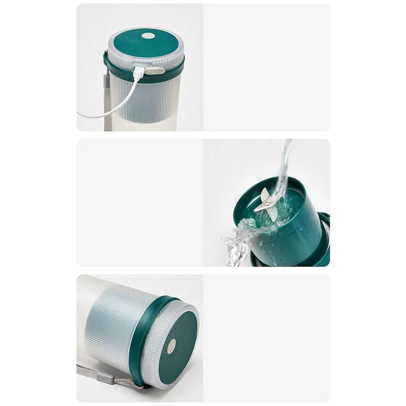Portable electric juicer cup in pink or green with USB charging cable and pulp residue box.