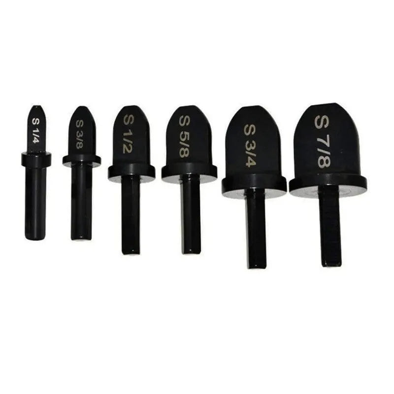 Six-piece electric tube expander set in stainless steel with black finish, sizes 7/8 to 1/4 inch, for copper pipe connection.