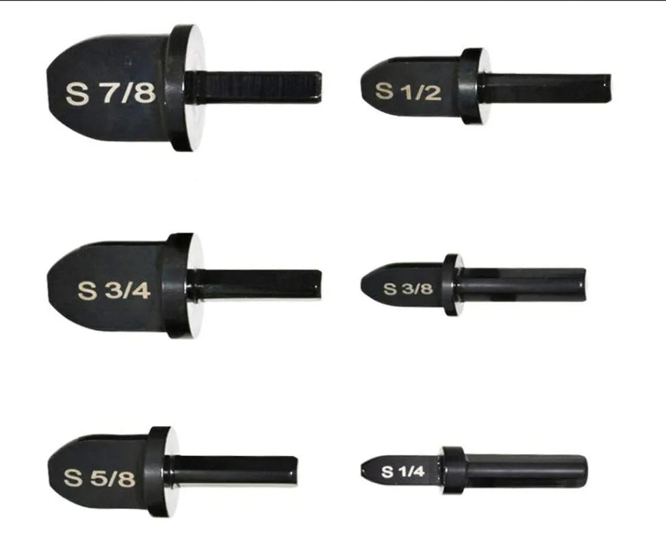 Six-piece electric tube expander set in stainless steel with black finish, sizes 7/8 to 1/4 inch, for copper pipe connection.