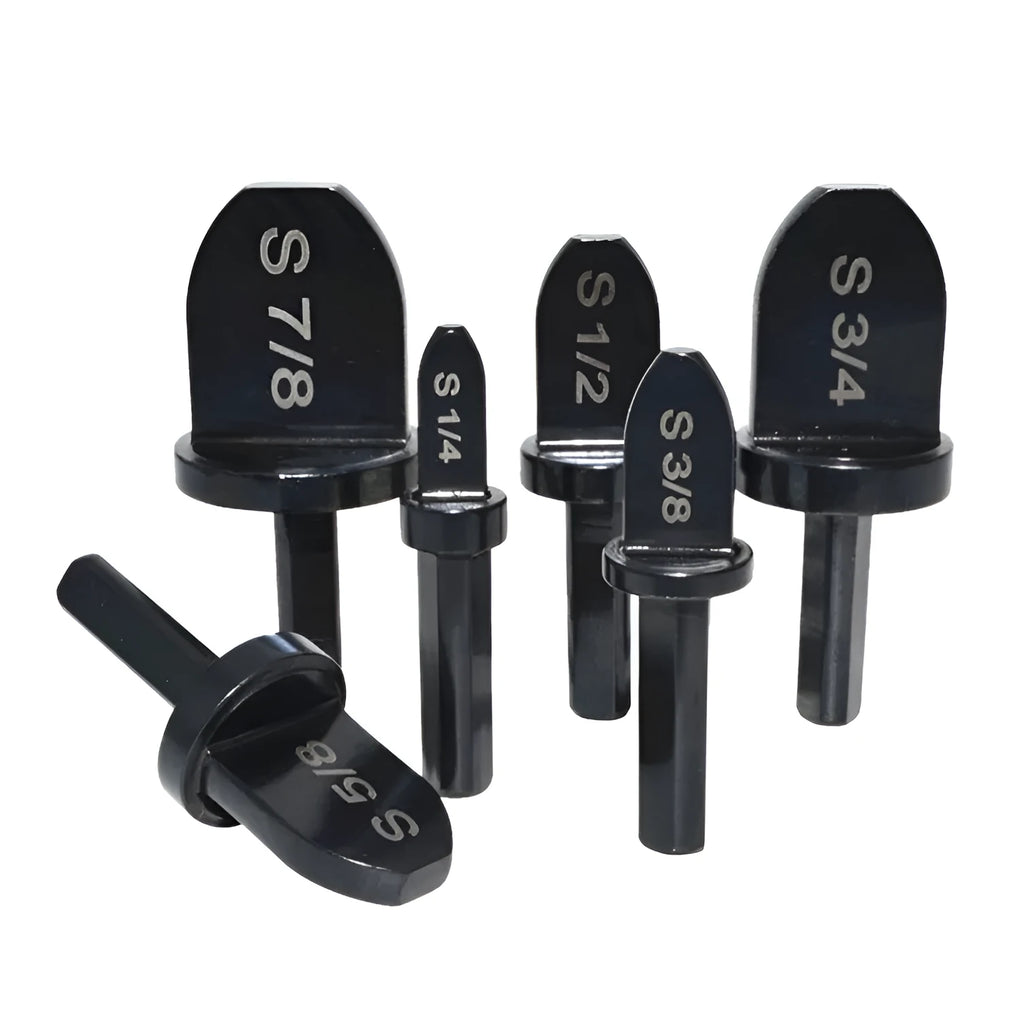 Six-piece electric tube expander set in stainless steel with black finish, sizes 7/8 to 1/4 inch, for copper pipe connection.