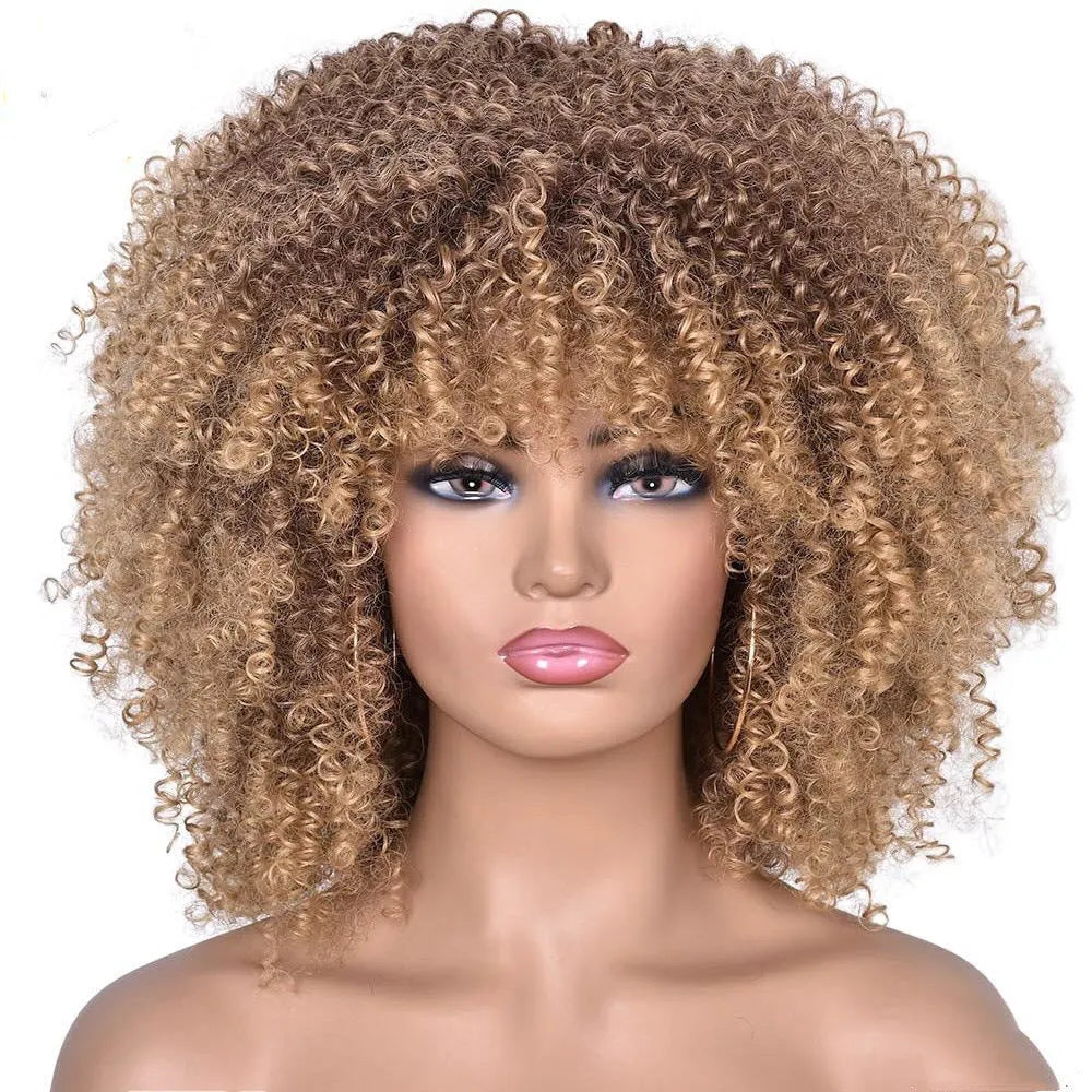 14 inch short curly synthetic wig for women with slanted bangs, available in Style A, B, C