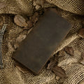 Men's brown oil wax leather long vertical wallet with car suture, 9x19cm, two-fold opening on white background