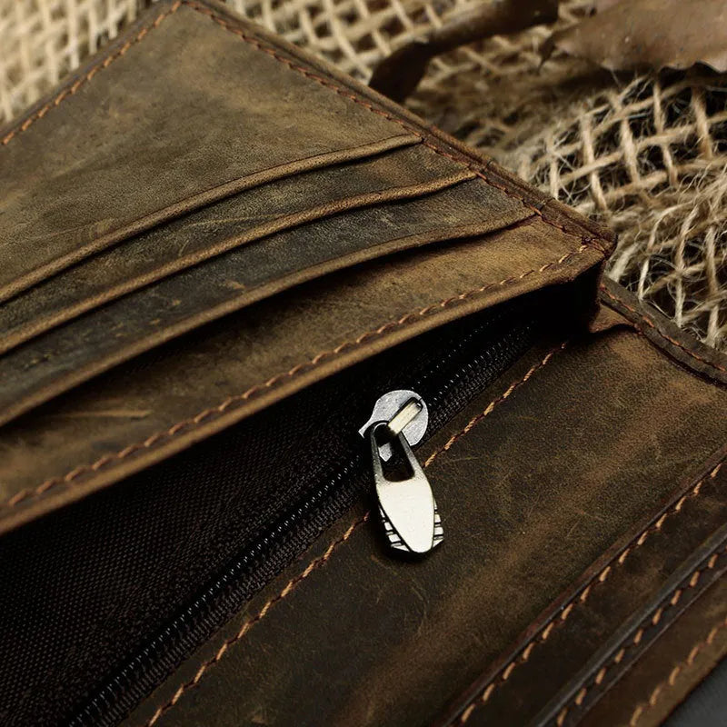 Men's brown oil wax leather long vertical wallet with car suture, 9x19cm, two-fold opening on white background