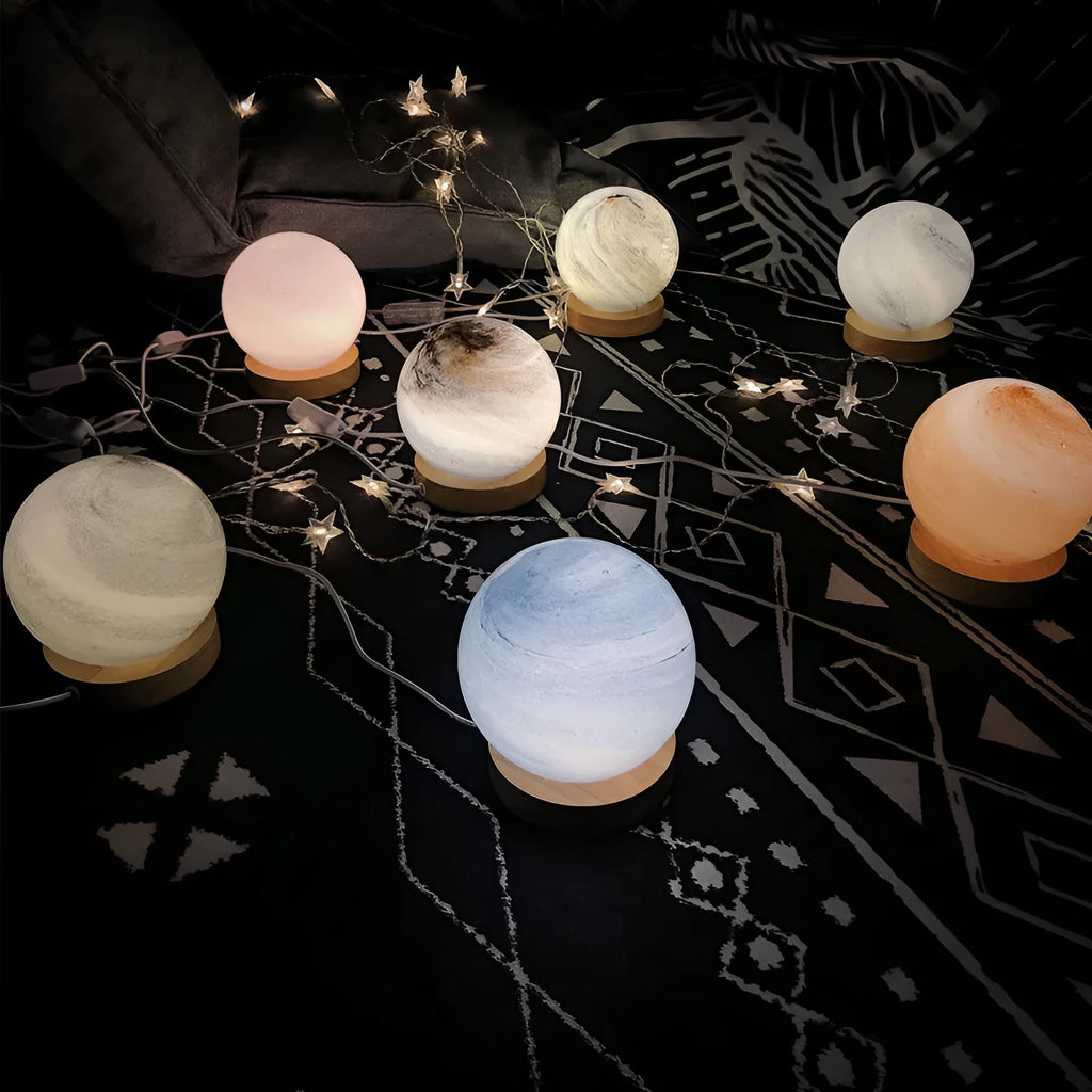 Nordic style glass shade table lamp with metal base in chosen colour, powered by a USB cable.