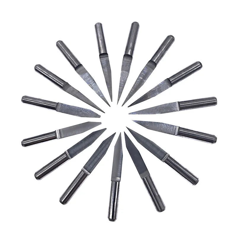 Ten tungsten steel flat milling cutters with 45 degree tips for acrylic engraving work