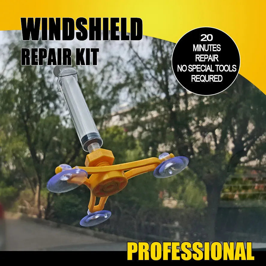 Yellow plastic triangle bracket auto glass repair tool with 2ml fluid for windshield chips and scratches