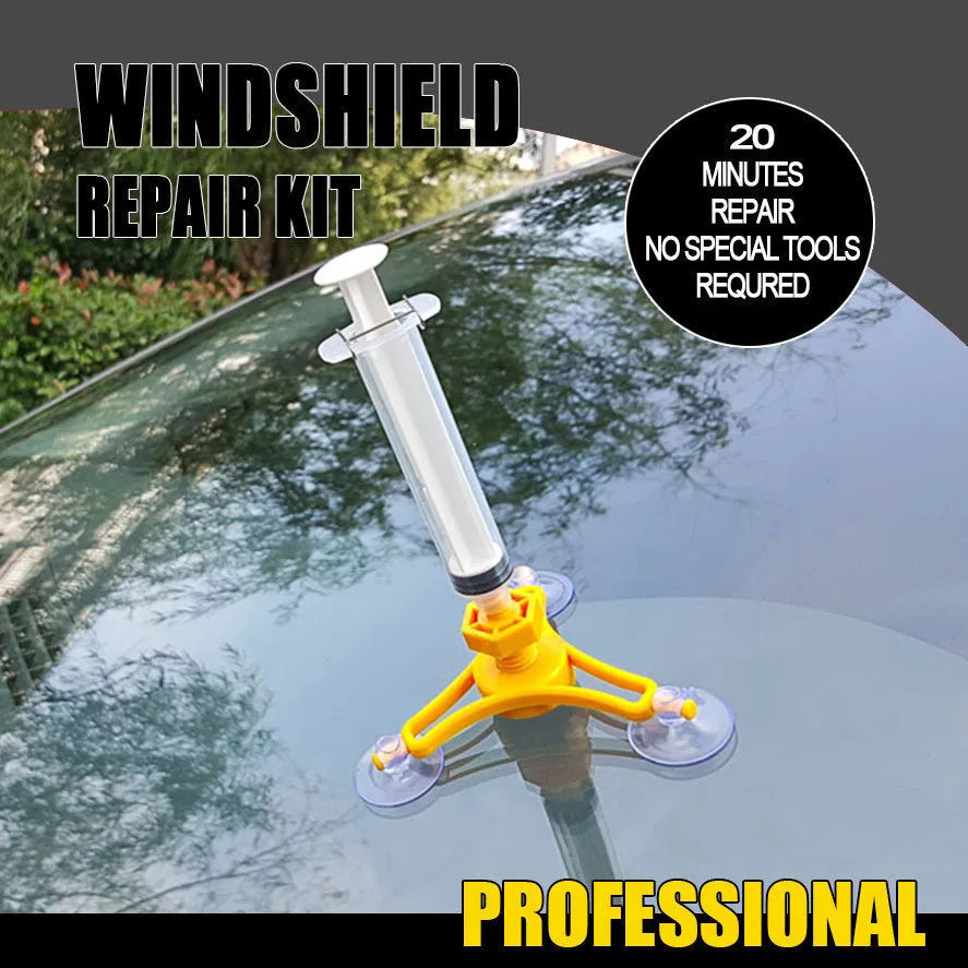 Yellow plastic triangle bracket auto glass repair tool with 2ml fluid for windshield chips and scratches