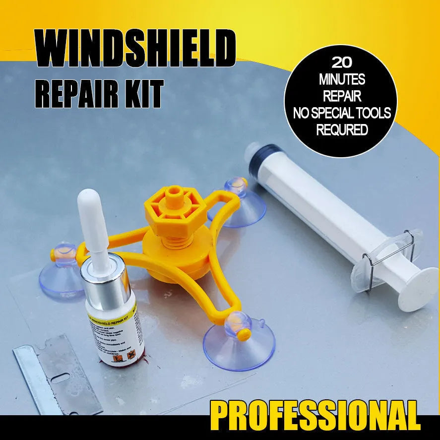 Yellow plastic triangle bracket auto glass repair tool with 2ml fluid for windshield chips and scratches