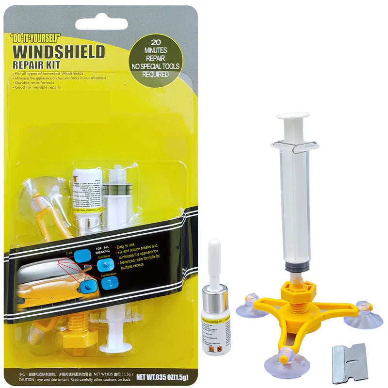 Yellow plastic triangle bracket auto glass repair tool with 2ml fluid for windshield chips and scratches