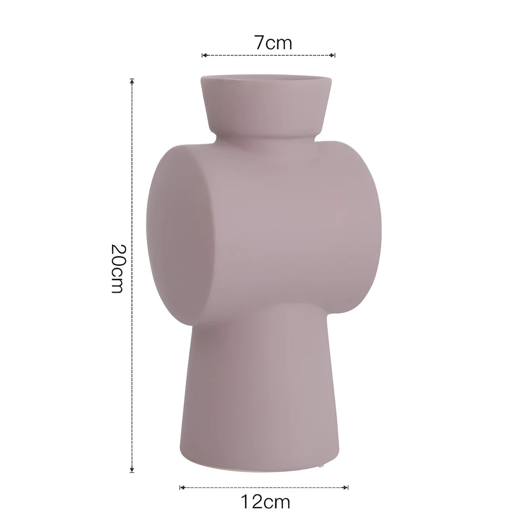 Nordic Morandi style hammer-shaped ceramic vase with colour glaze in beige, brown, or purple.