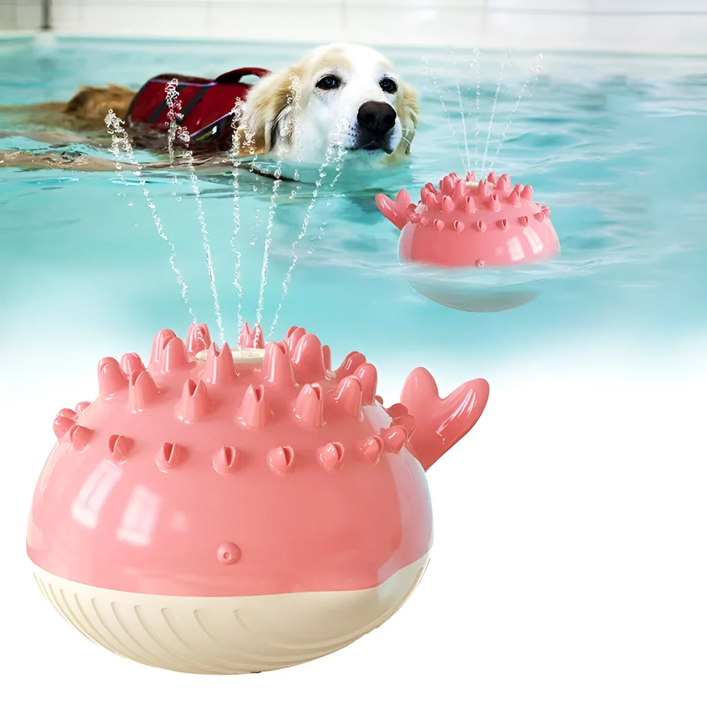 Summer electric floating dog toy in yellow with water spray and molar bumps