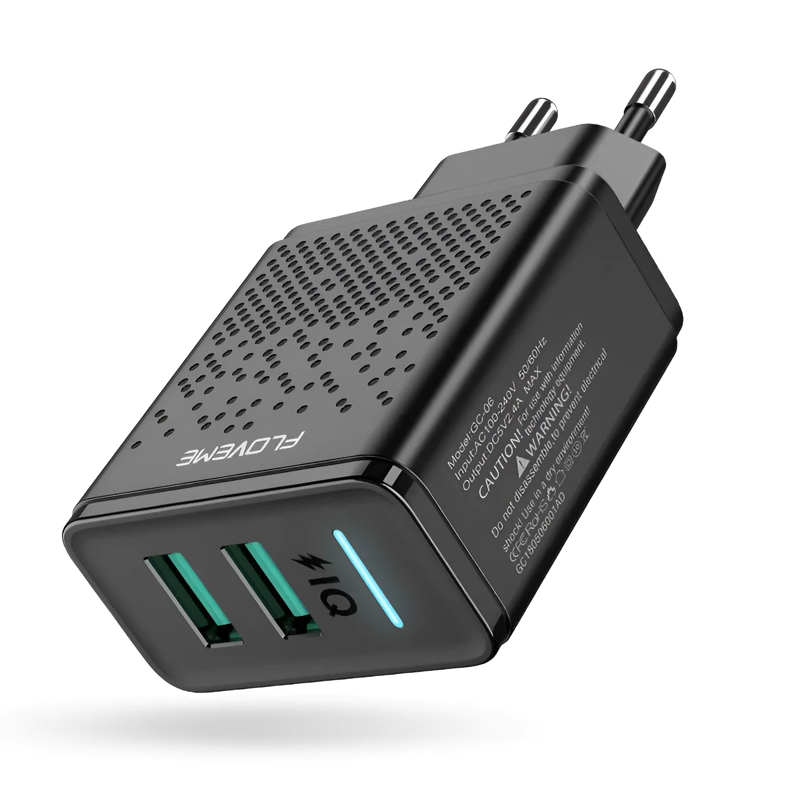 Dual port USB charger with EU standard plug in black and white colour options