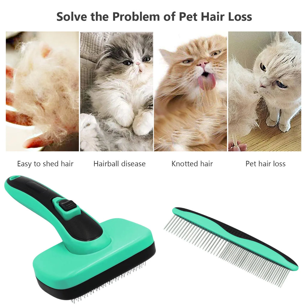 Pet brush retractable hair removal comb with stainless steel needles and TPR handle in lake blue