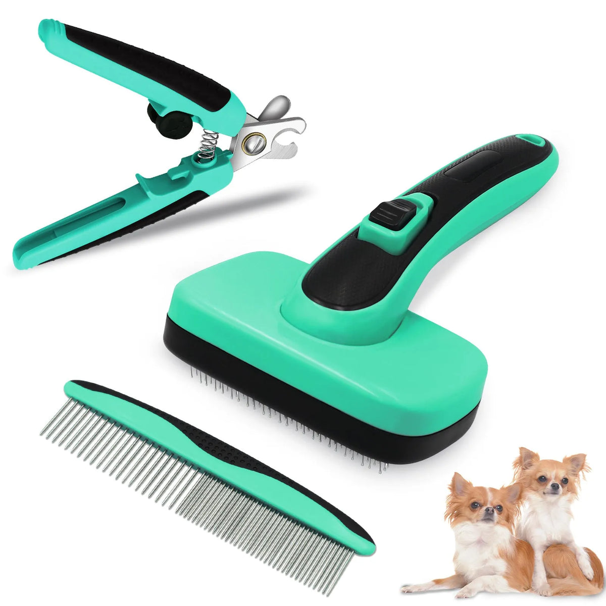Pet brush retractable hair removal comb with stainless steel needles and TPR handle in lake blue