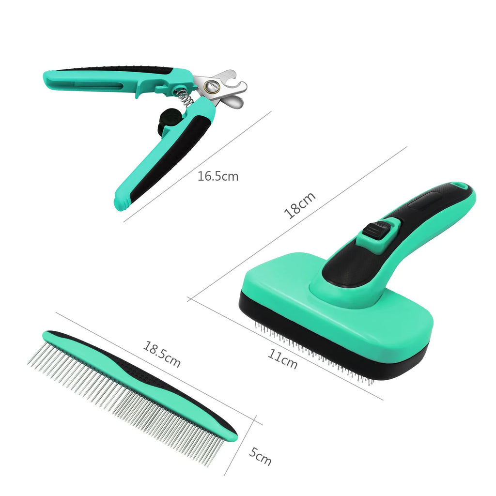 Pet brush retractable hair removal comb with stainless steel needles and TPR handle in lake blue