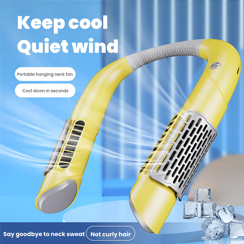 Mini bladeless neck fan in pink, USB rechargeable with three speed settings