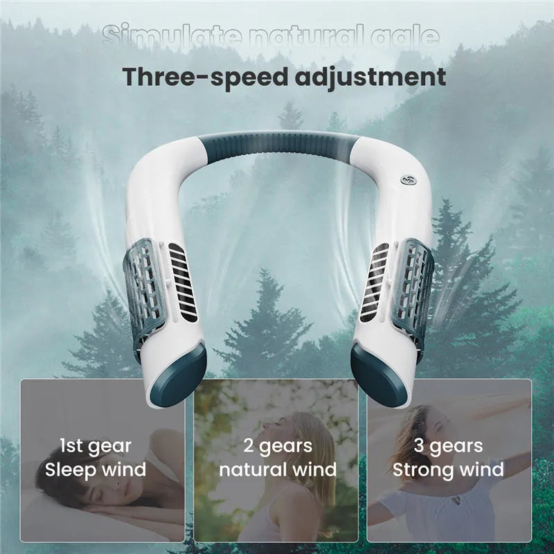 Mini bladeless neck fan in pink, USB rechargeable with three speed settings